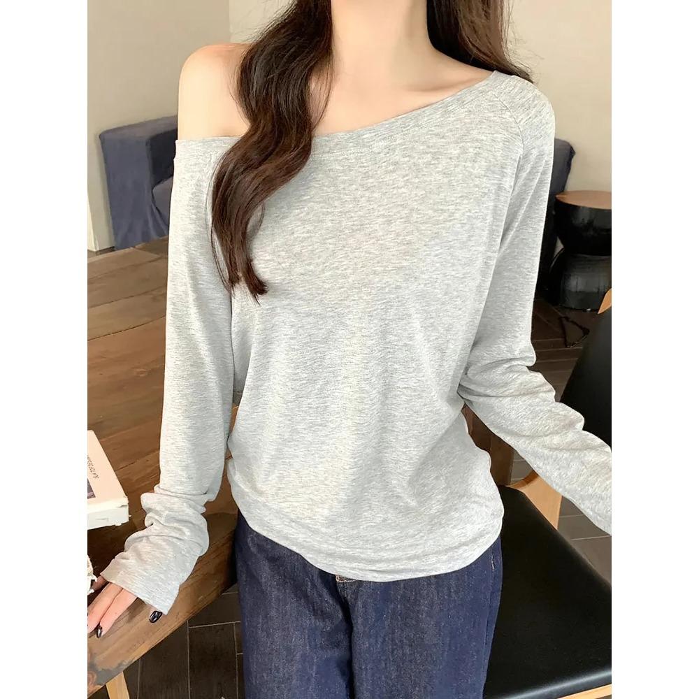 Oversize Off shoulder Long sleeve T shirt Women Solid color Casual Tops Lady Spring Autumn Basic Tees Korean style Youth Blouses