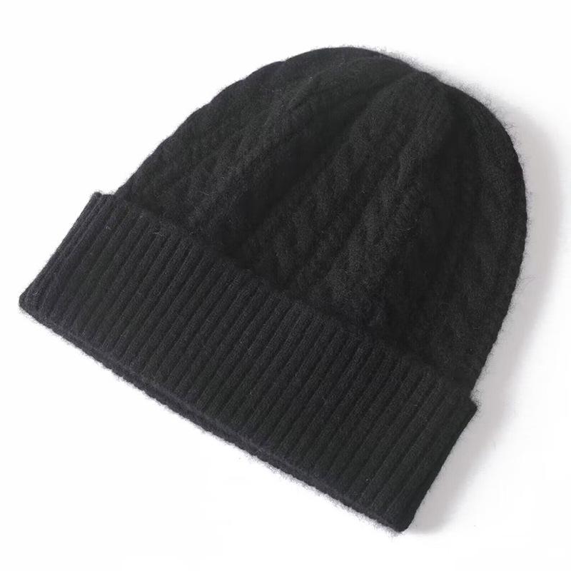 Cashmere Blend Thick Vintage Cable Beanies Women Solid Ribbed Hem Soft Knitted Cap Hat Woolen Autumn Winter Warm Skull Caps