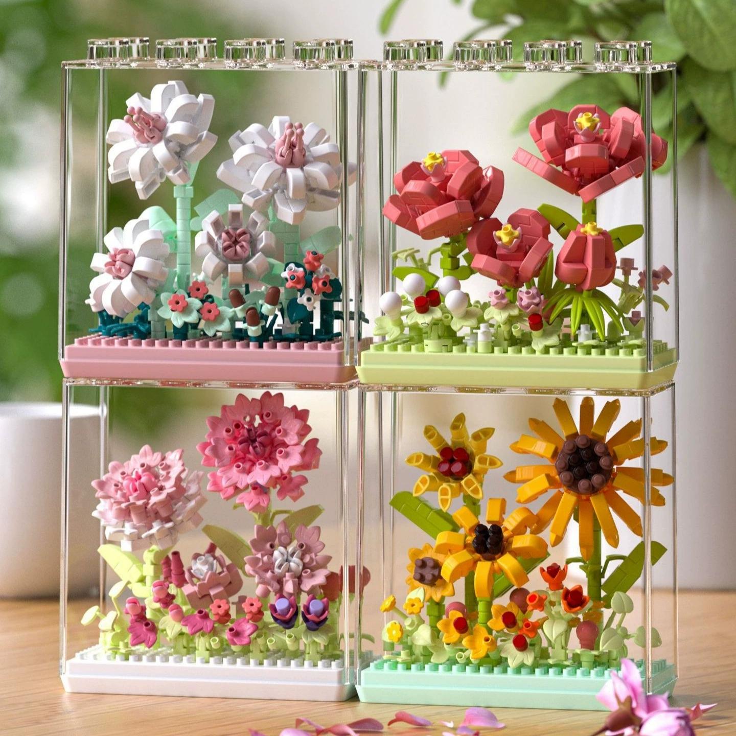 Bai Fen Bai Dolls And Toys Unisex Kids Diy Display Box Eternal Flower Immortal Potted Rose Sunflower Gardens Romantic Building Blocks Model Bricks Kids Sets Kits Toys
