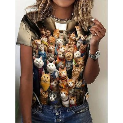 2026 Women's T-shirt Cartoon Animal Print Casual Round Neck Short Sleeved Street Style Women's Summer Loose Top Y2K Clothing