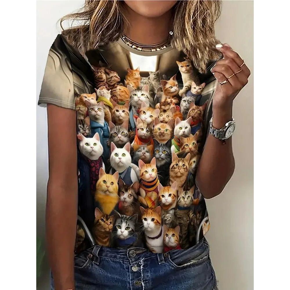 

2026 Women s T-shirt Cartoon Animal Print Casual Round Neck Short Sleeved Street Style Women s Summer Loose Top Y2K Clothing M