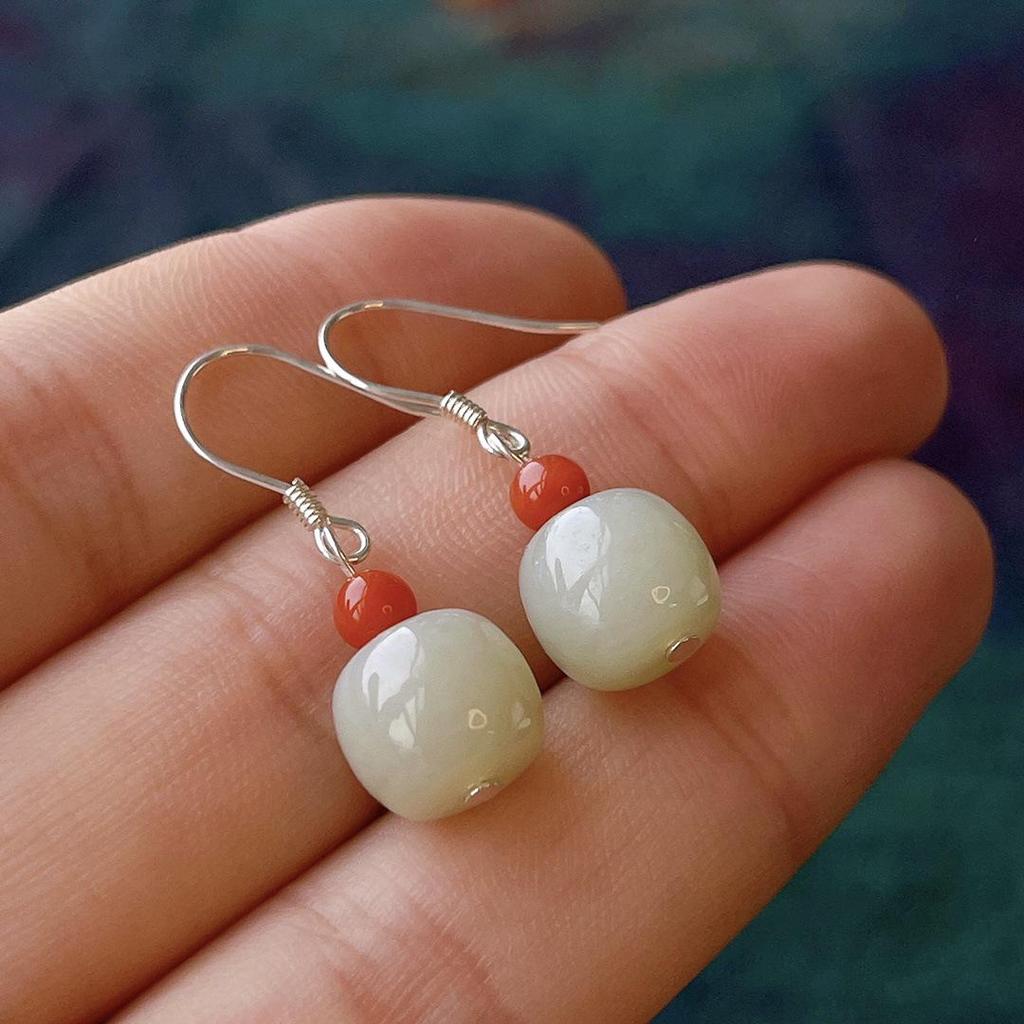 Hetian Jade & Nan Hong Earrings: Versatile S925 Sterling Silver, Classic Style for Instagram & Xiaohongshu