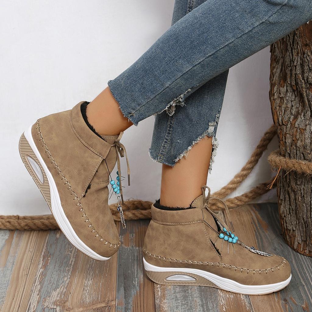 Aphixta Doublure Peluche Chaussures Chaudes d'Hiver Femme Lacets Semelle Épaisse Augmentant la Hauteur Bottines Cheville Ethnique Grande Taille 43