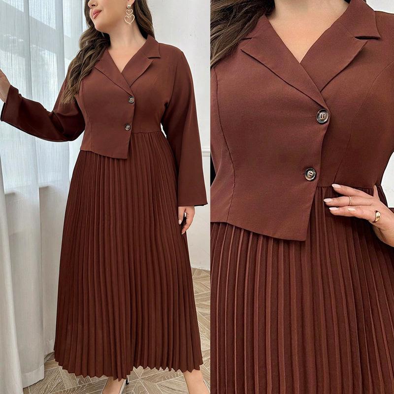 Plus Size French Lapel Long Sleeve Pleated Dress - Elegant Waist-Cinching Design