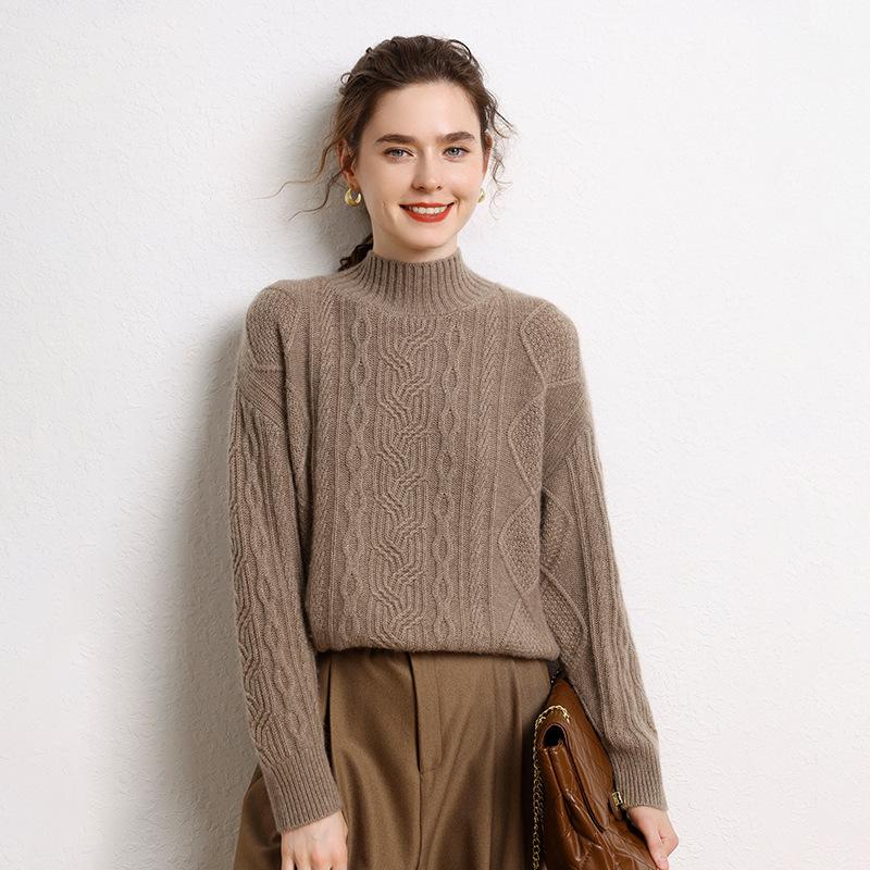 Three-Ply Solid Color Women's Cashmere Knit Base Layer - Full Body Cable Knit, Half-High Neck, Loose, Slimming Inner Wear