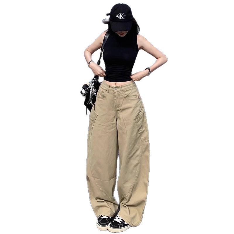 Winter 2025 Khaki Wide-Leg High-Waist Jeans with Big Pockets for Women