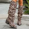Fashion Plus Size Leopard Print Knee High Boots for Women Chunky High Heels Slip On Long Boots Woman Autumn Winter Fashion Party Shoes