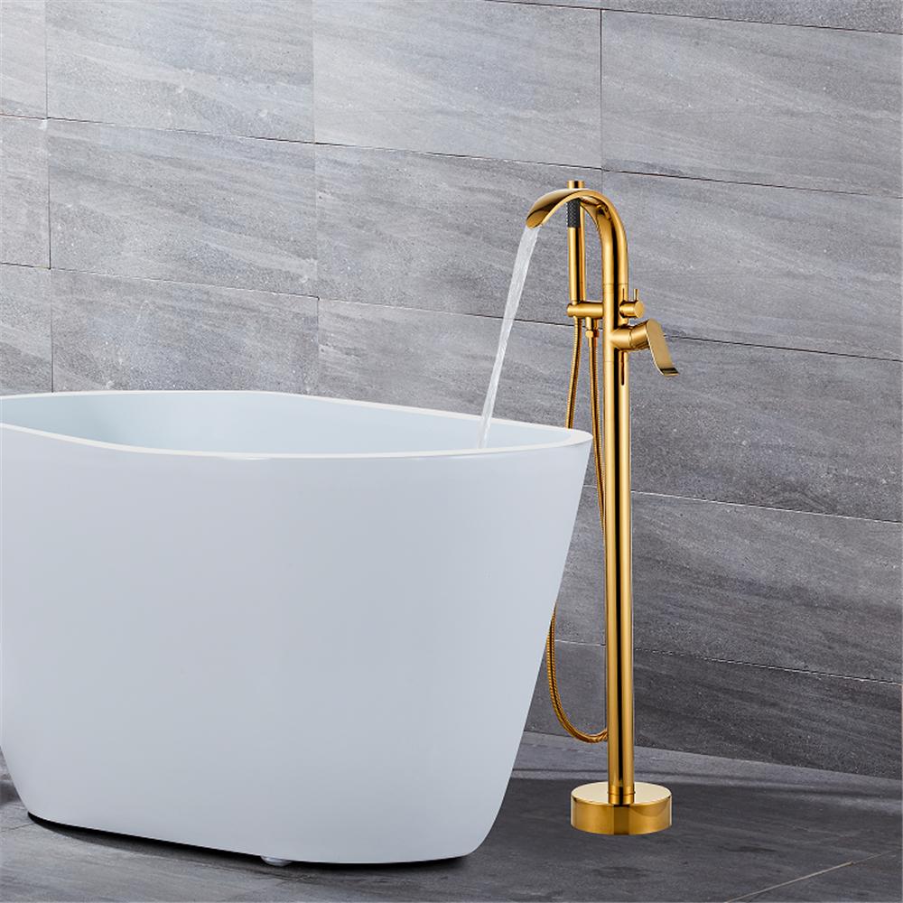 Tuqiu Gold Bathtub Faucet Set Floor Decked Brass Black Waterfall Bathtub Mixer Morden Style Bathroom Taps