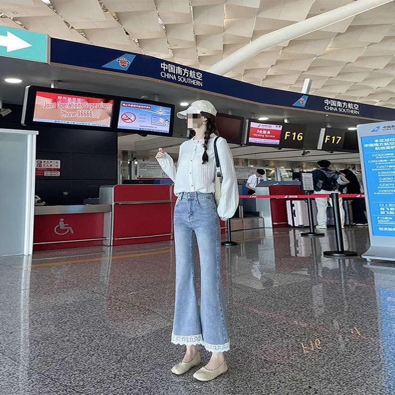 

Retro Light-Colored Lace High-Waisted Flare Jeans for Women - Plus Size, Slim Fit, Nine-Point Length for Spring and Autumn L