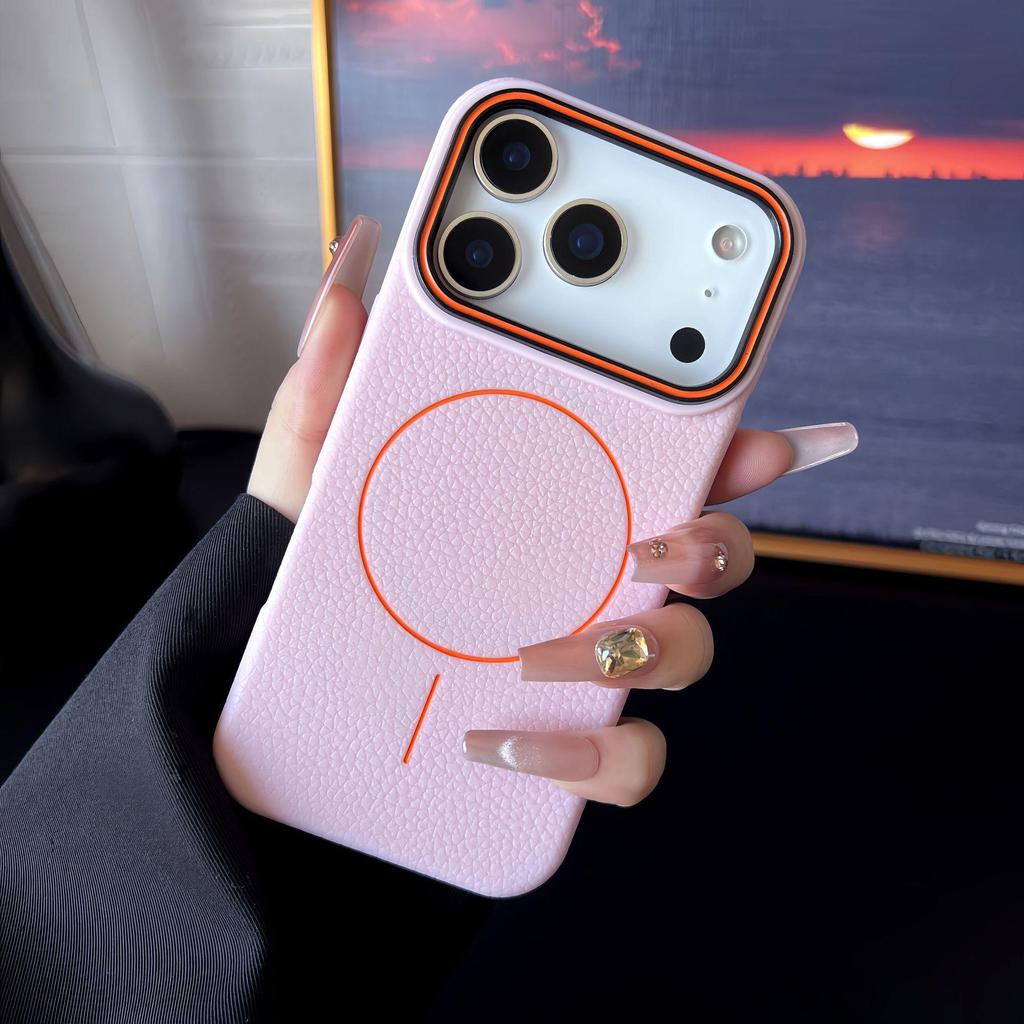 Apple iPhone 13-17 Pro Max Lychee Pattern Magnetic Ring Case, Drop-Proof with Large Camera Hole.