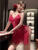 Sexy Female Deep V Neck Lace Back Strap Mesh Lace Sheer Sleepwear Dress Elegant 2025 New Tops Mini Dress Hot Sexy Korean N50P