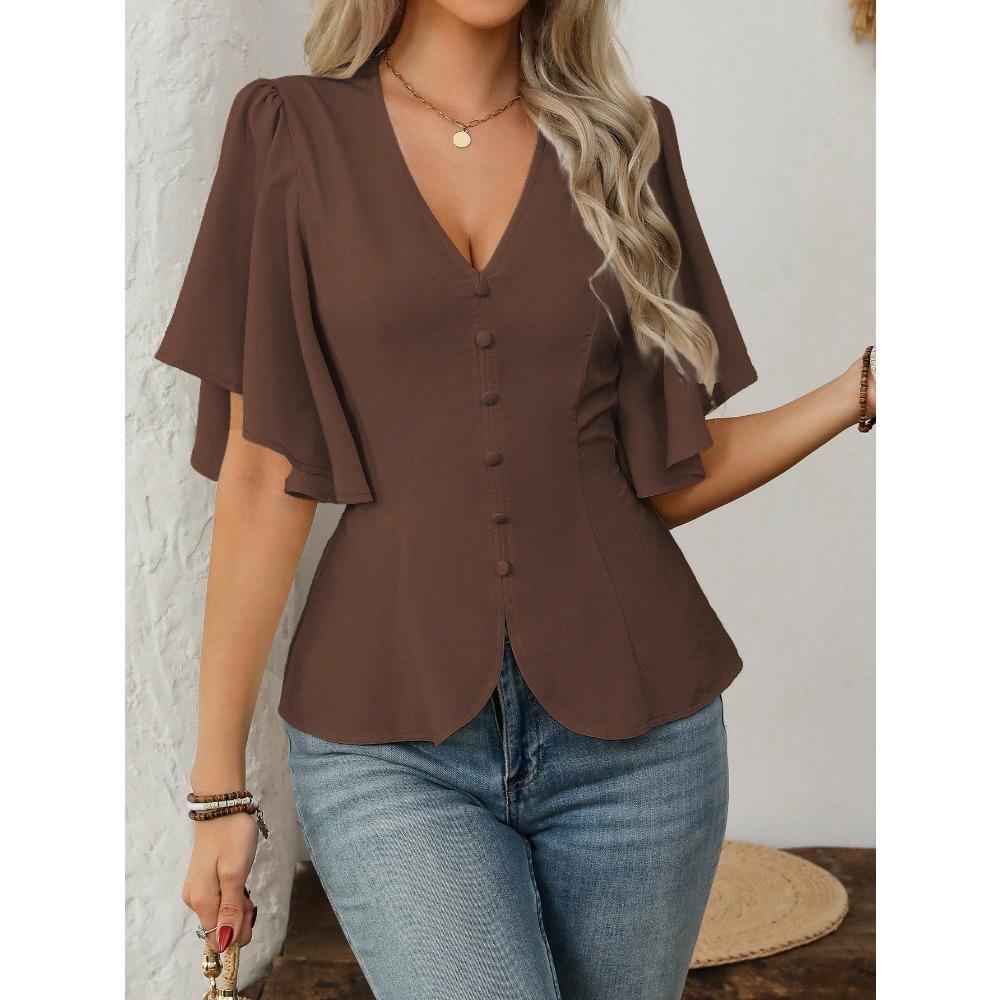 

Fashionable and Elegant Deep V-neck Solid-color Single-button Belted Ladies Short-sleeved Top XXL кавовий