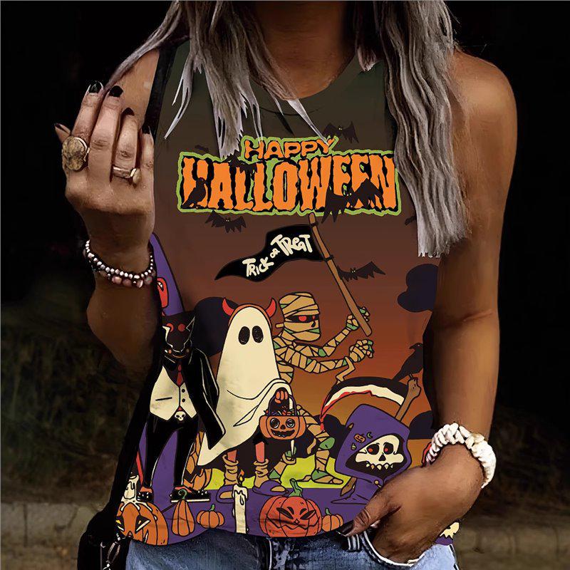 

Ghost Pumpkin Print Crew Neck Tank Top - Casual Halloween Sleeveless XX-Large