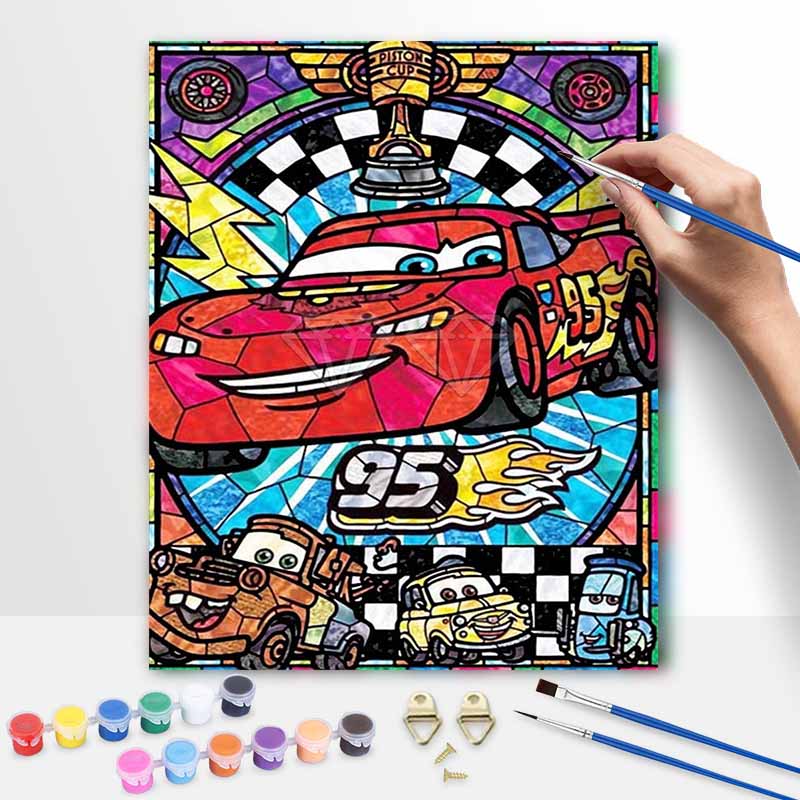 Disney Lightning McQueen Cars Stained Glass Style Oil Painting Kit Home Decor Gift 20x30cm
