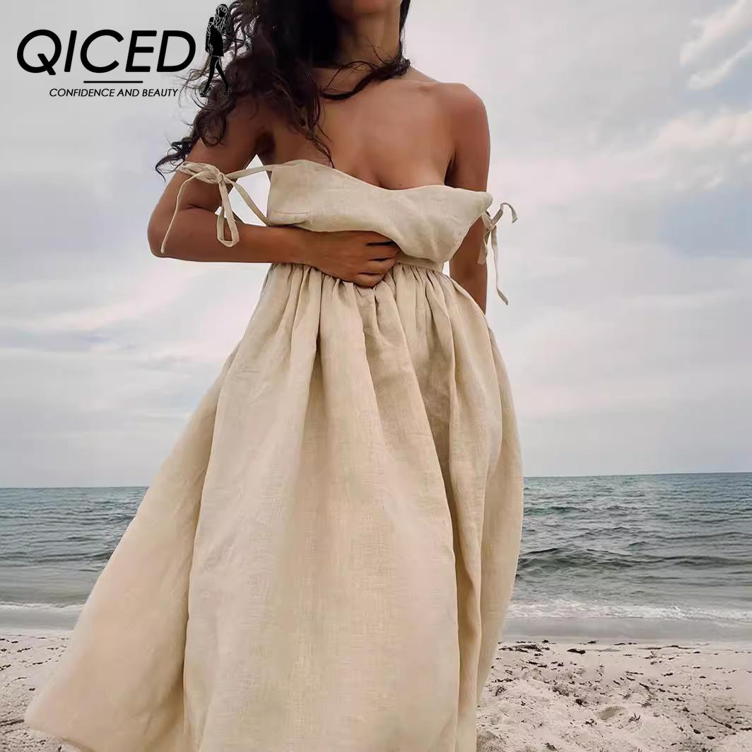 

QICED Платье-комбинация из хлопка с V-образным вырезом, женское весеннее, элегантное, сексуальное, длинное платье с бретельками через шею S абрикосовый