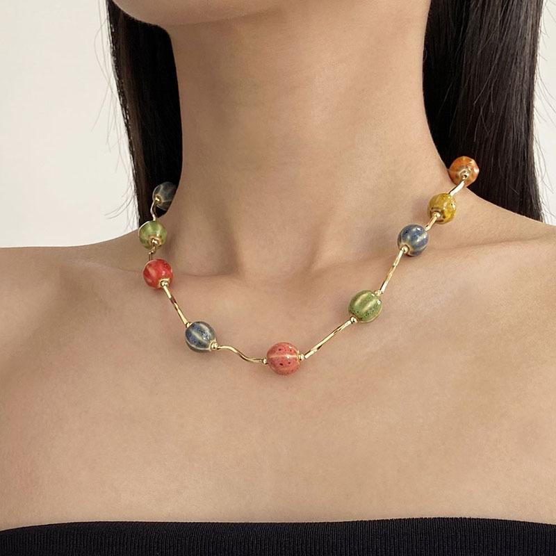 Color Ceramic Beaded Necklace, Simple and Fashionable High-end Clavicle Chain Temperament Versatile Niche Jewelry Women
