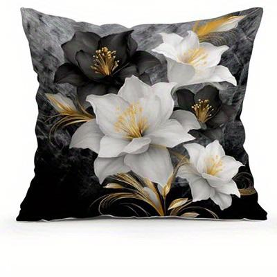 Short Plush Material Pillowcasehome Decor Black & White Flowers With Gold Accents Pillow Covers Pattern Cushion Cover Suitable F