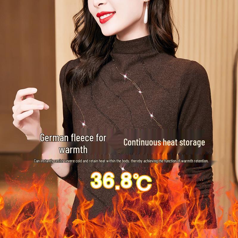 Women's Double-Sided Fleece T-Shirt, Autumn/Winter 2022: Fashionable Stand Collar, Patchwork, Slim Fit, Embellished with Hot Drills