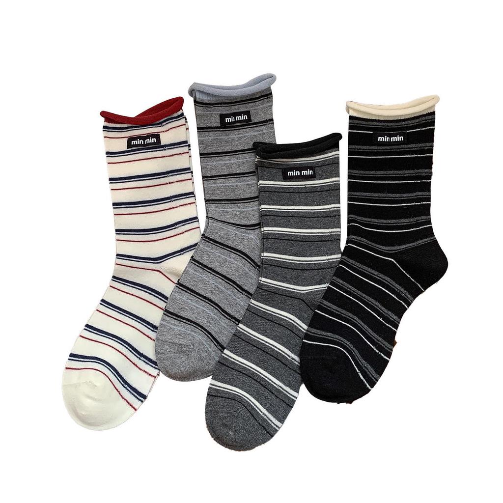 Baumwollsocken für Damen im koreanischen Stil mit Streifen und Rollrand - Herbst/Winter Mid-Tube, Academy Wind Miu Serie, mit Stoffetikett.