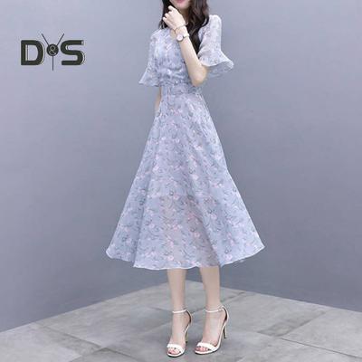 Women Summer Dress Flower Print Ruffle Loose Hem A Line Lace Up Belt Mid Calf Length Round Neck Tight High Waist Short Sleeves Lady Midi Dress