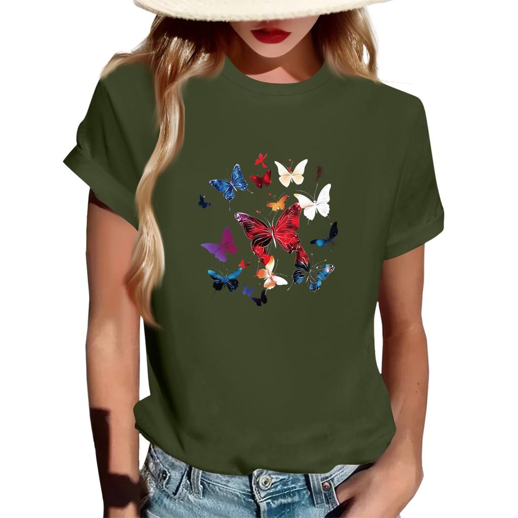 Women's Fashionable Round Neck Casual Retro Print Short Sleeved T-shirt Top