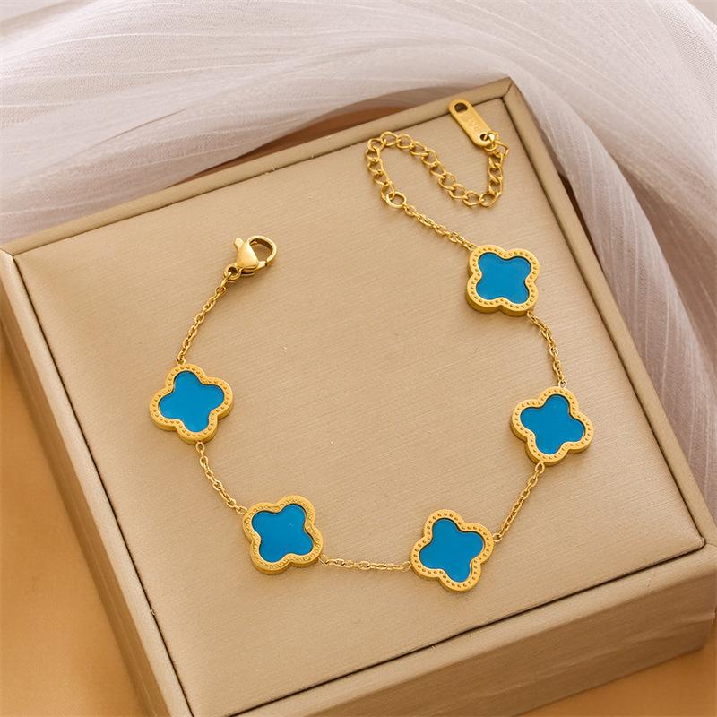 Titanium Steel 18K Four-Leaf Clover Bracelet Women Fashion Light Luxury Stainless Steel Lucky Grass Bracelet