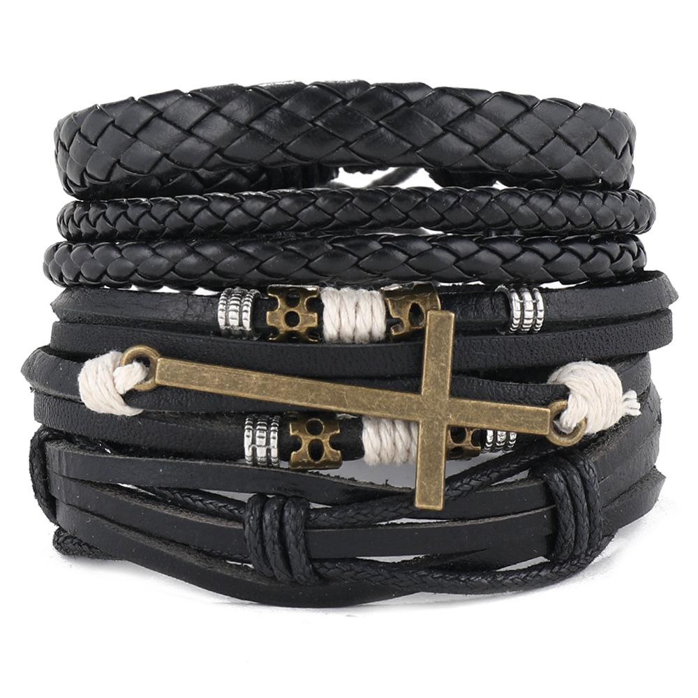 

Винтажный браслет-шарм с крестом, многослойный плетеный кожаный набор для мужчин и женщин чёрный