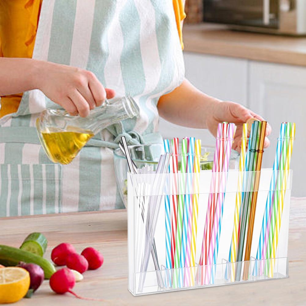 Straw Holder, Transparent Acrylic Straw Dispenser With Double Sided Stickers 24*16.5*2.5cm Kitchen Drinking-utensils Storage