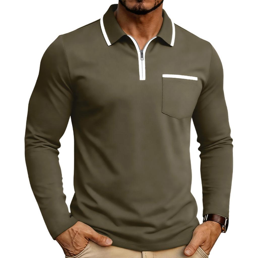 Men Long Sleeve Polo Shirt Zipper Collar Casual Slim Fit Top with Patch Pocket and Contrast Trim for Daily Wear