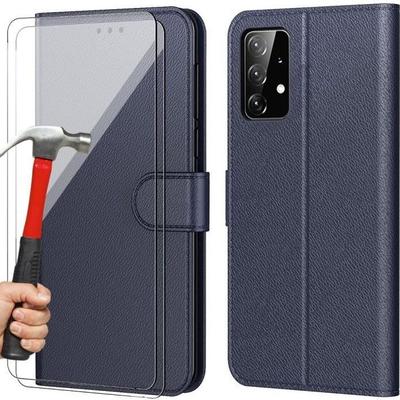 Case for Samsung Galaxy A23 5G Leather Effect Anti-Scratch Navy Blue + 2 Tempered Glasses