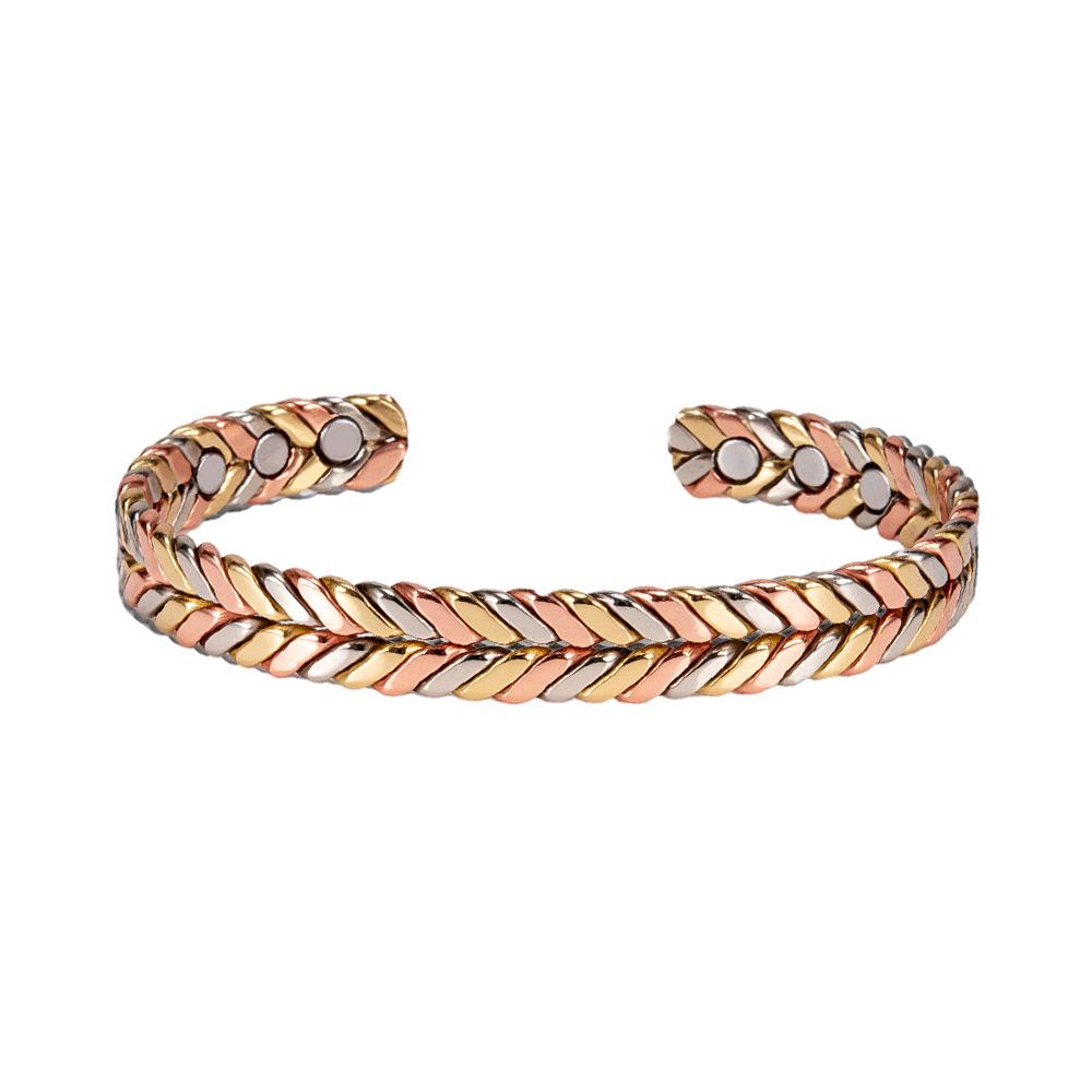 Women's Tricolor Magnetic Energy Bracelet: Wheat/Silver/Copper Adjustable Pure Copper Design