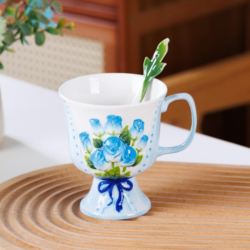 Enamel Rose Relief Cup&saucer Porcelain Coffee Mug Dining Table Flower Decorative Mugs Afternoon Tea Teacup Fruits Juice Cup