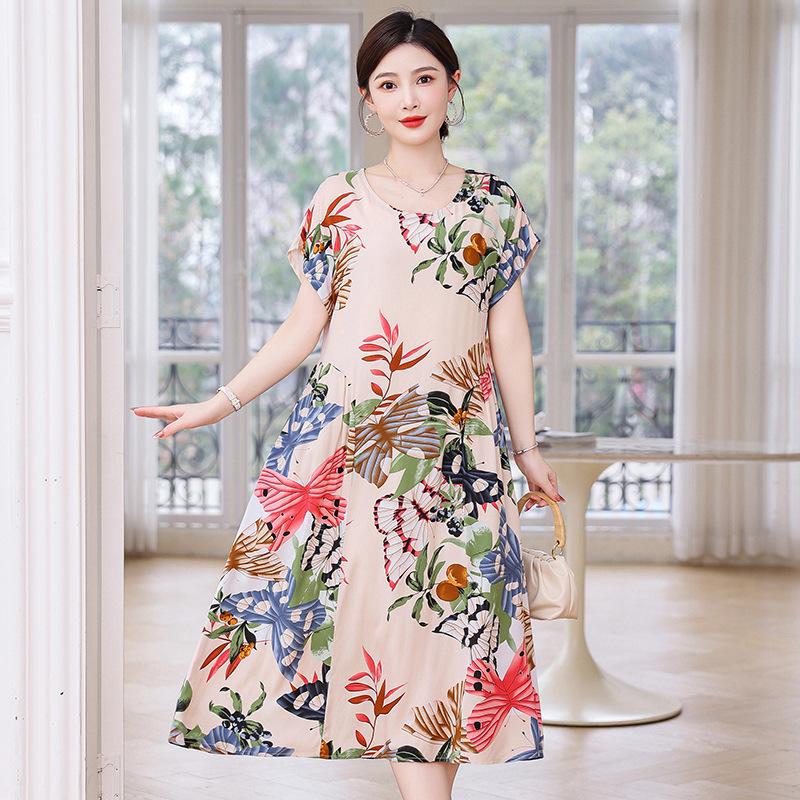 New cotton and silk dress summer large size loose fat mother covering belly and looking thin casual floral long skirt