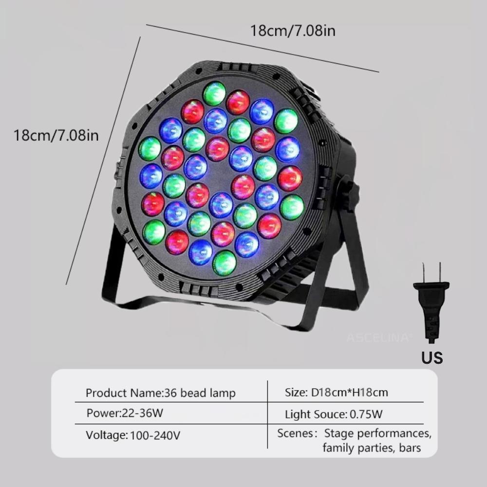 

RGB 36 LED Диско-огни Управление звуком Ktv Бар Вечеринка DJ Декорация Сценический световой эффект Полноцветный проектор Квази-освещение 1Pcs