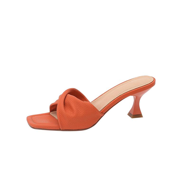 Fashion New Summer Green Orange Women Slippers Solid Color Shoes Classic Square Toe Flip Flops Beach Med Heel Slides Mules