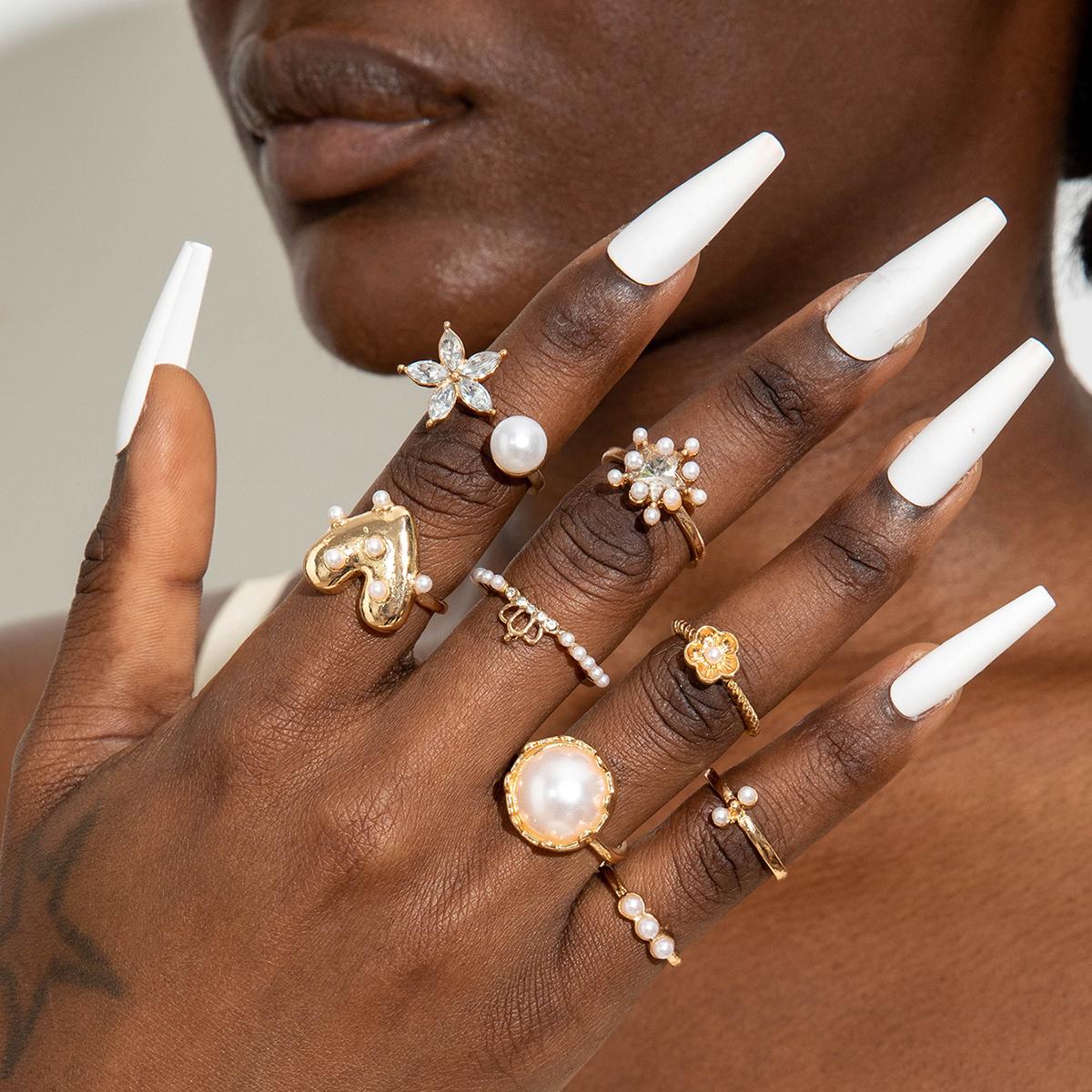 

Baroque Style Minimalist Imitation Pearl Bow Ring Set Peach Heart Ring Light Luxury Rhinestone Women Party Holiday Gift