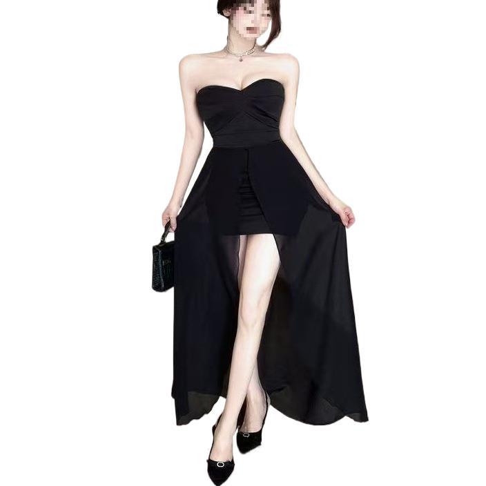 French Chic One-Shoulder Mesh Patchwork Leg-Slit Bodycon Dress