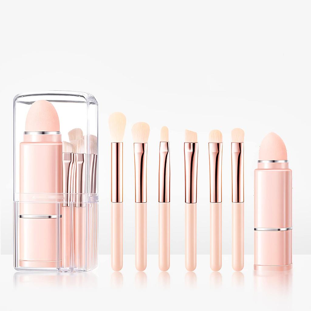 Set de pensule de machiaj retractabile 8 în 1, instrument portabil multifuncțional pentru frumusețe, pensule pentru pudră de față și ochi, cu burete, articole cosmetice esențiale complete
