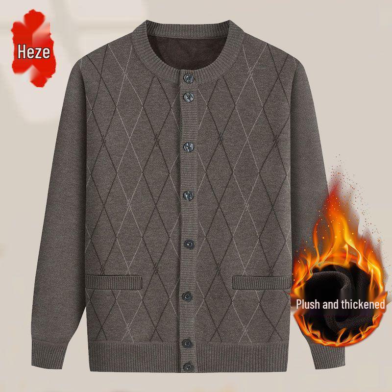 Men's Mid-Age & Elderly Knitted Cardigan: Warm, Thick Velvet Sweater Coat for Autumn/Winter