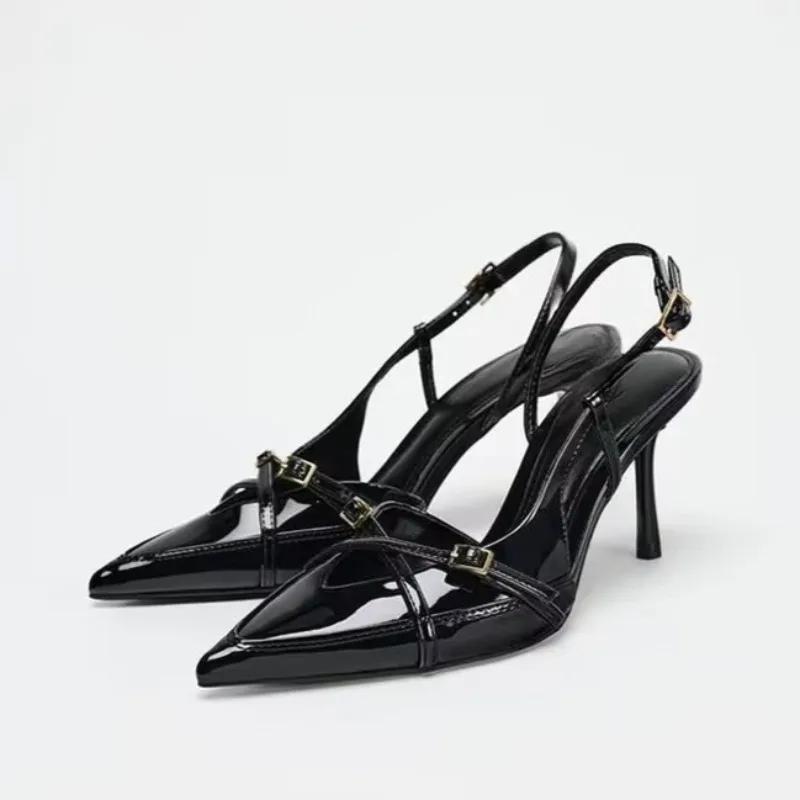 

Модные французские нежные вечерние туфли-лодочки с перекрестным ремешком на подъеме, с острым носком и открытой пяткой, женские летние туфли на высоком каблуке 42 чёрный