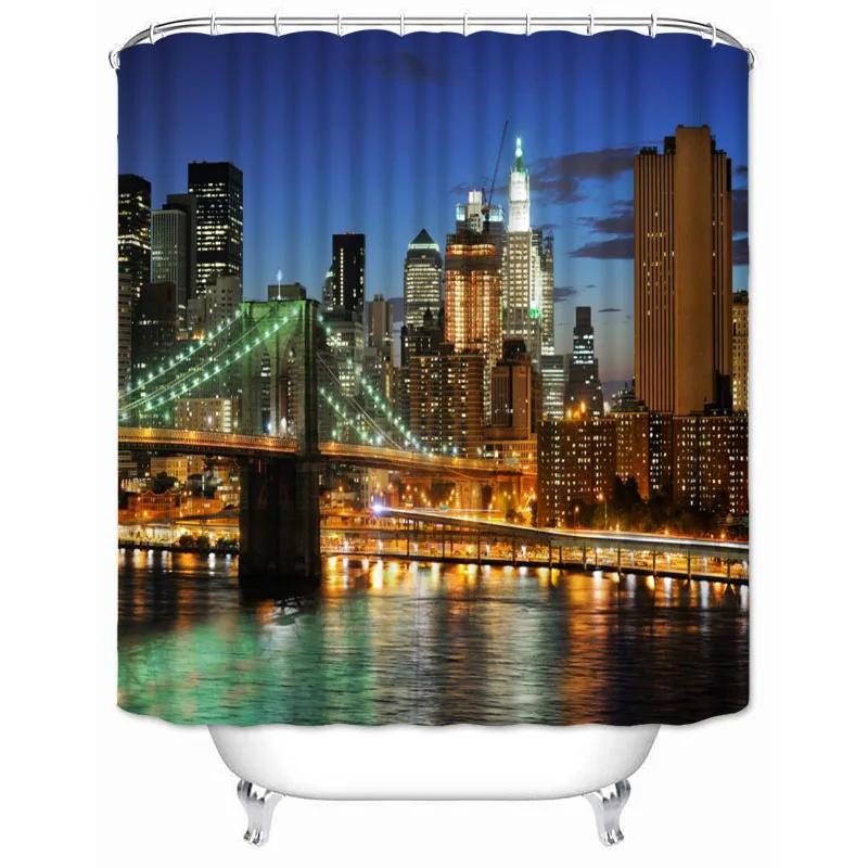 New York City Skyline Building Night View Shower Curtain Modern Bathroom Curtain Polyester Fabric Bath Curtain With Hooks