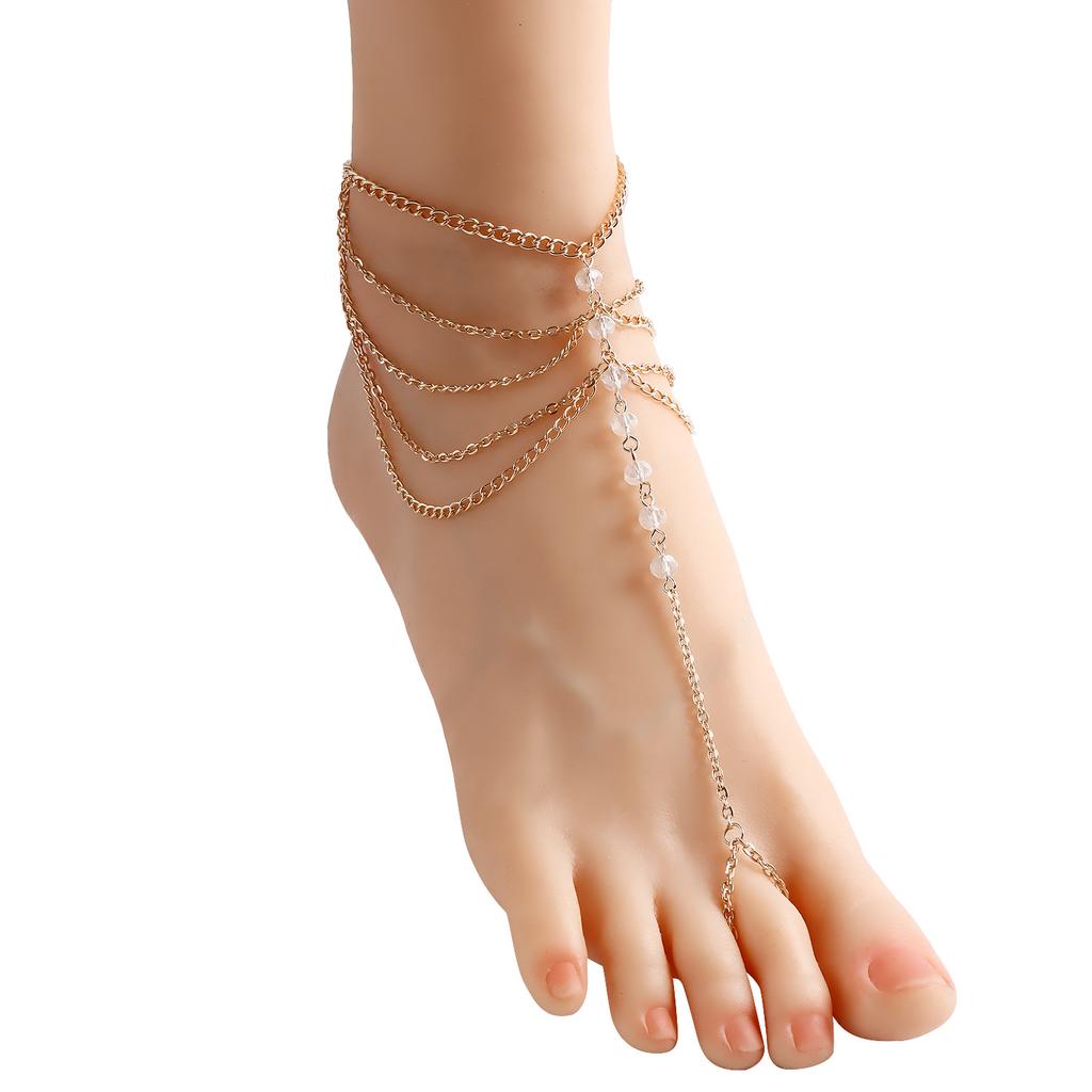 European and American popular jewelry, resort beach multi-layer metal chain foot decoration, fringed imitation pearl beaded finger anklet