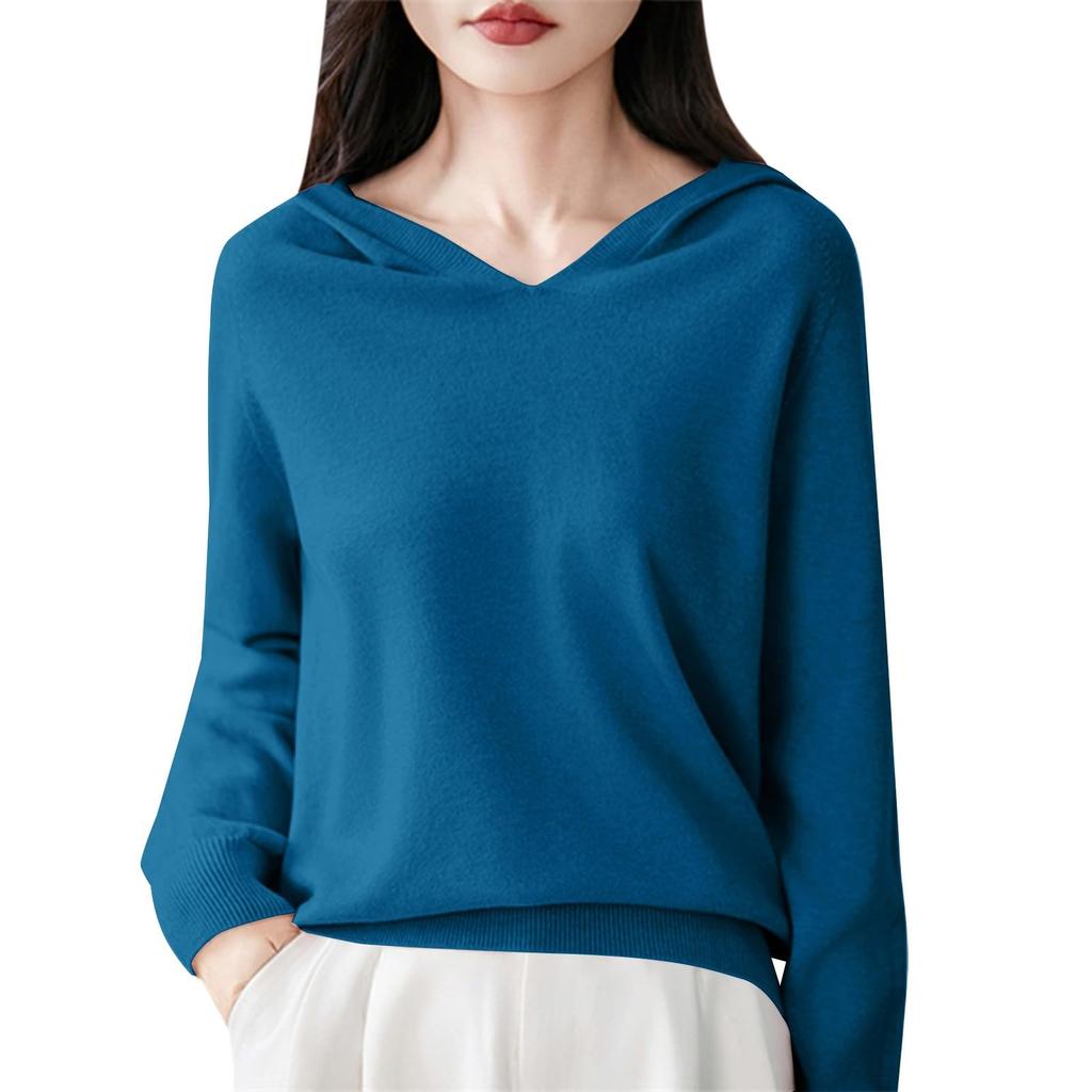 Women's Fashion Long-Sleeved -Colour V-Neck Hooded Knitted Sweater Warm Sweatshirt Knitwear
