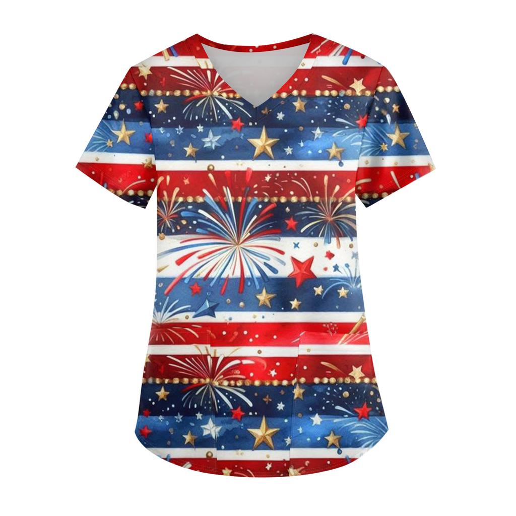 Modisches V-Ausschnitt-Taschen-Kurzarm-Uniform- und Pflegekraft-Oberteil für Damen mit Aufdruck zum Unabhängigkeitstag
