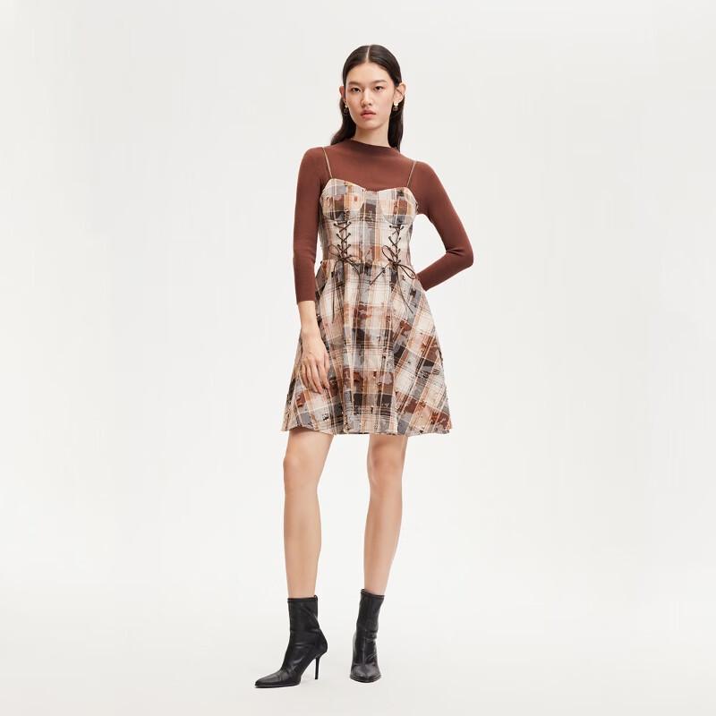 

VEROMODA 2024 Early Autumn Retro Plaid Drawstring Two-Piece Knitted Camisole Dress XS
