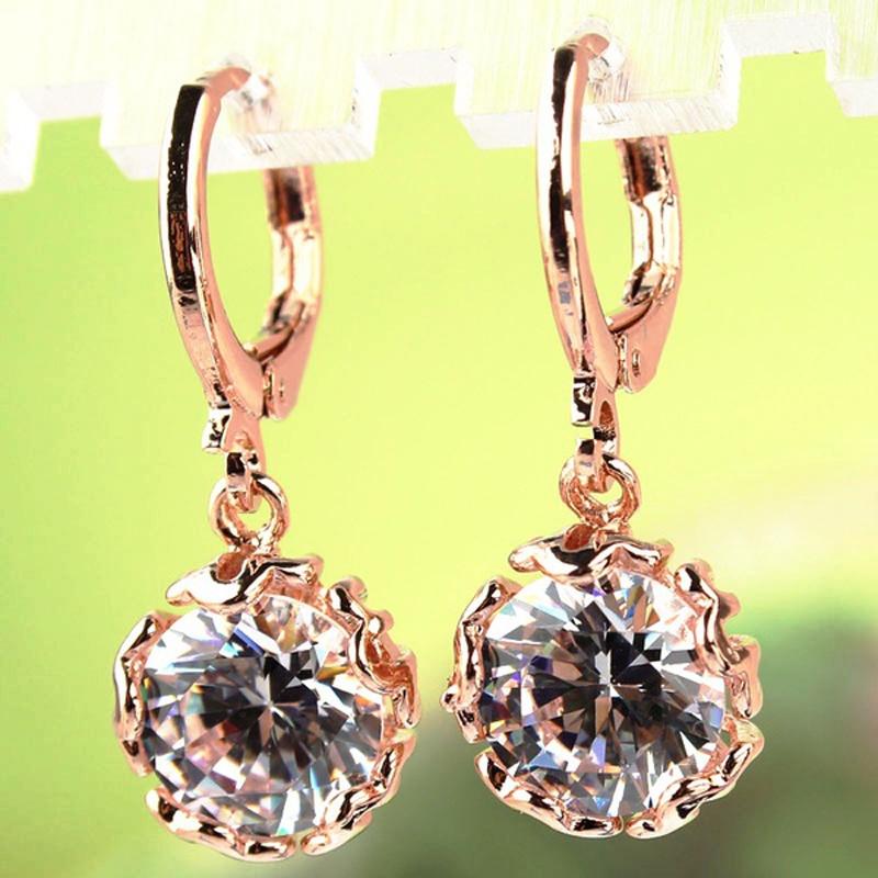 Elegant Fashion Women Rose Gold Plated White Crystal Stone Dangle Drop Earrings For Special Occasions