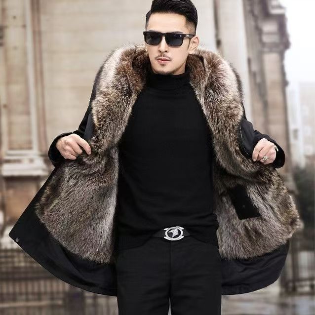 Pie overcome men's winter medium and long fur integrated winter thickened imitation fox fur jacket