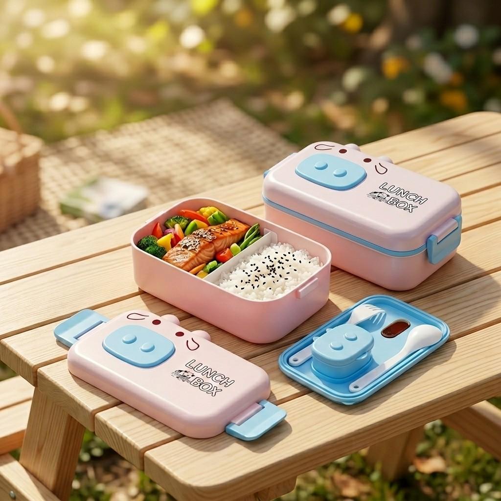 Animal Bento Box Plastic Lunch Box for Kids School Leakproof Microwavable Food Storage Containers with Compartments & Cutlery