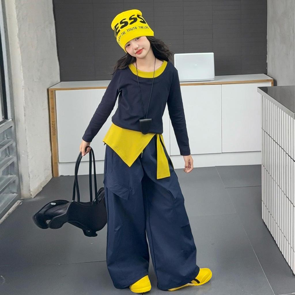 Modisches Herbst-Zweiteiler-Set für Mädchen: Langarmshirt & Hose mit weitem Bein 2025