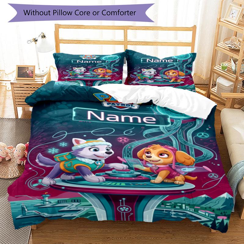 3pcs Duvet Cover Set (1*Duvet Cover + 2*Pillowcase, Without Core), Custom Name PAW Patrol Pattern Bedding Set, Home Bedroom Decor Gift